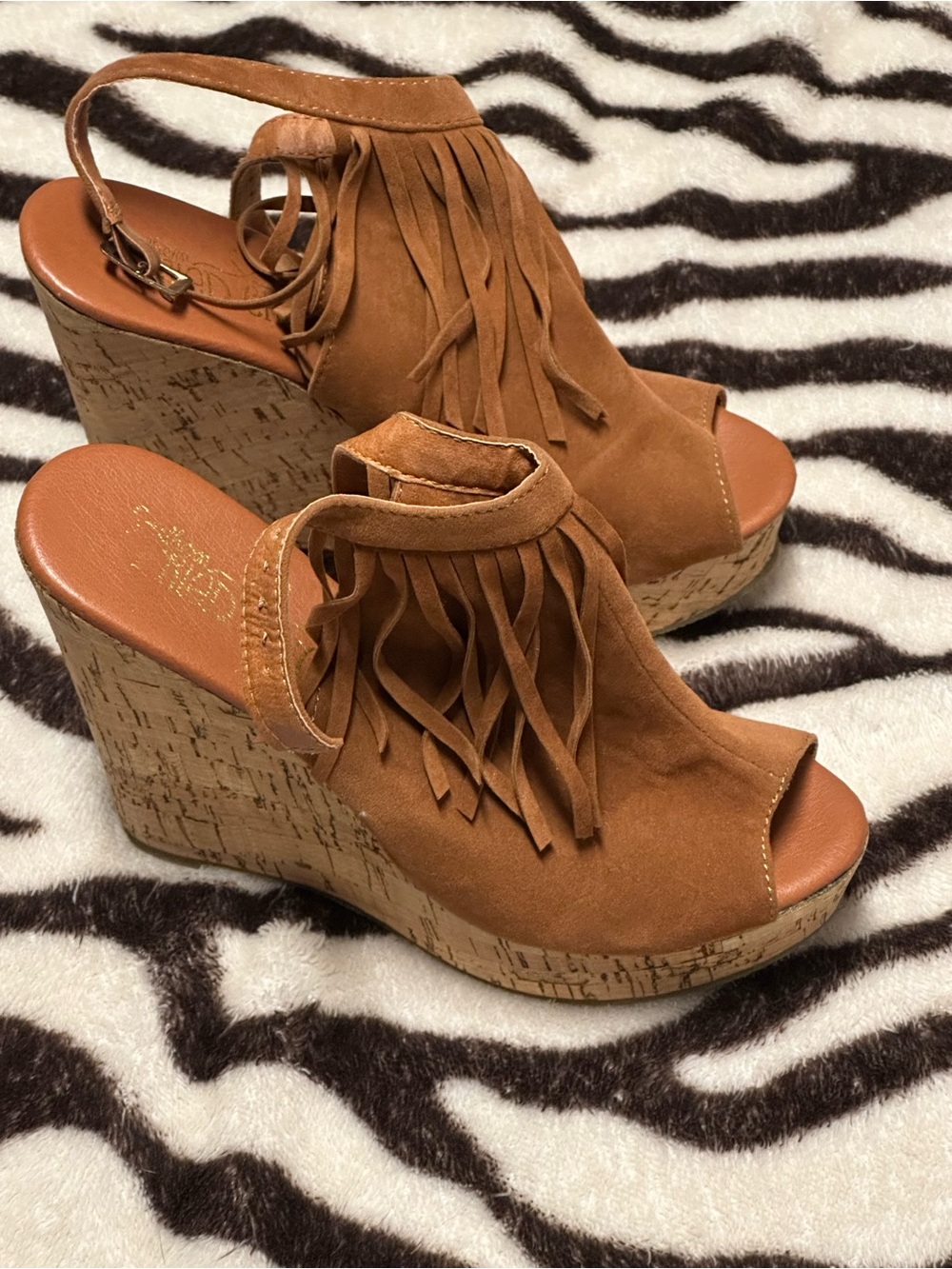 Fringe Suede Cork Wedge Sandals - Tan